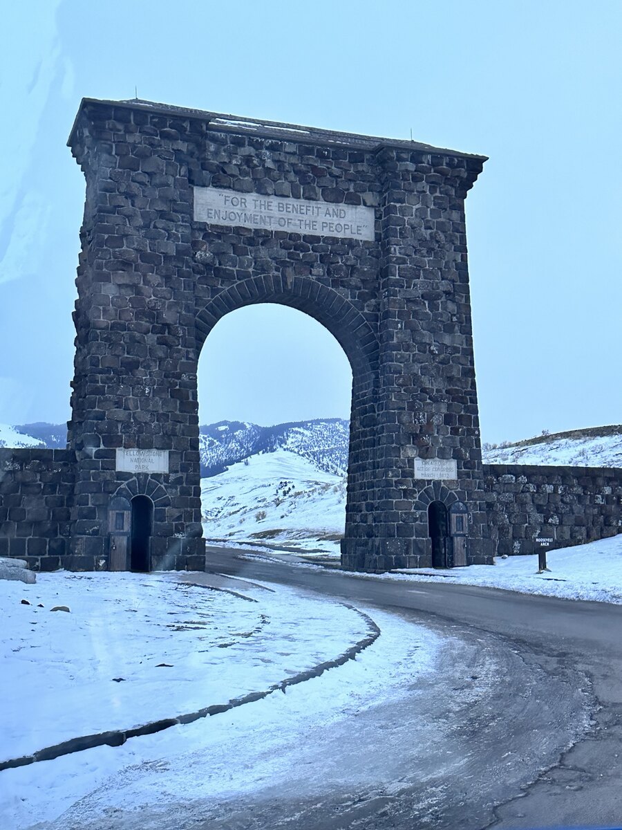 Roosevelt Arch at the entrance to Yellowstone National Park in winter